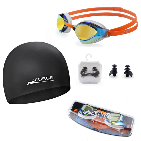 JEORGE Wide Vision Goggle + Silicon Swim Cap + Ear Plugs + Swim Bag Combo
