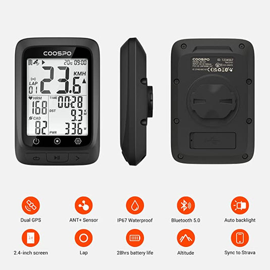 COOSPO Bike Computer GPS Wireless with Bluetooth + COOSPO H808S Heart Rate Monitor + CooSpo Bike Computer Mount +