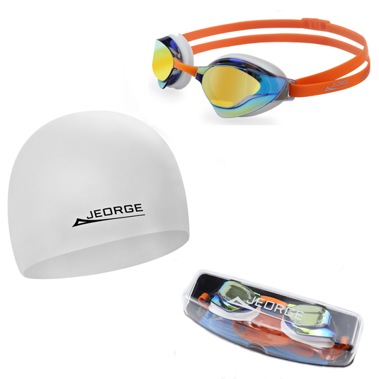 JEORGE wide vision mirror coating lens anti-fog UV protect goggles + Swim Cap + Swim Bag ComboCombo