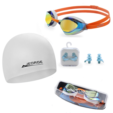 JEORGE Wide Vision Goggle + Silicon Swim Cap + Ear Plugs + Swim Bag Combo