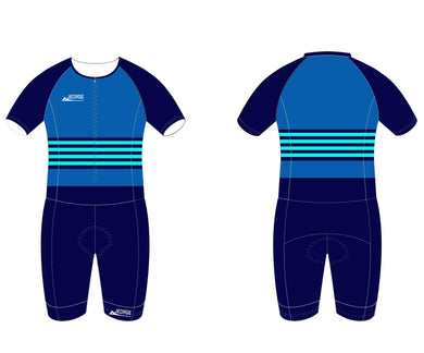 Blue and black cycling suit with striped design on a white background