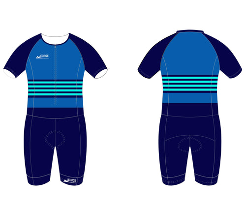 Blue and black cycling suit with striped design on a white background