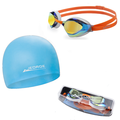 JEORGE wide vision mirror coating lens anti-fog UV protect goggles + Swim Cap + Swim Bag ComboCombo