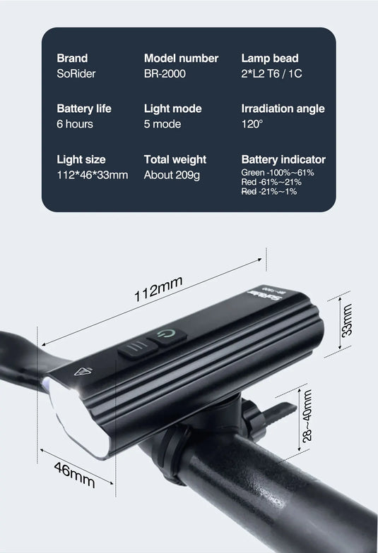 2000 Lumen Bicycle Light Road & Mountain Bike LED Front Light Headlight