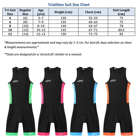 JEORGE Kids Junior Unisex Triathlon Suit, Ages 8 to 14, one piece racing suit