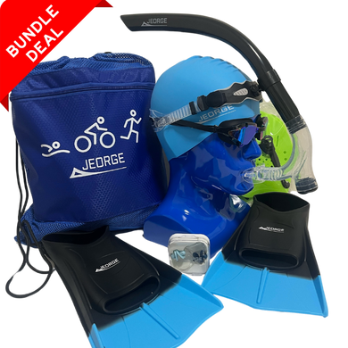 JEORGE ESSENTIALS SWIM KIT - Goggles, Swim Cap, Snorkel, Flippers,Hand Paddles, Nose Clip, Mesh Swim Bag