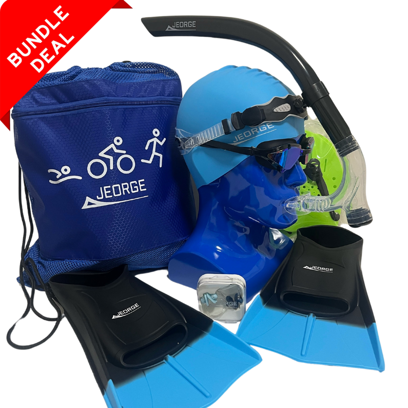 Load image into Gallery viewer, JEORGE ESSENTIALS SWIM KIT - Goggles, Swim Cap, Snorkel, Flippers,Hand Paddles, Nose Clip, Mesh Swim Bag
