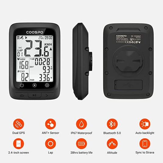 COOSPO Bike Computer GPS Wireless with Bluetooth + COOSPO H808S Heart Rate Monitor + CooSpo Bike Computer Mount + - JeorgeSports