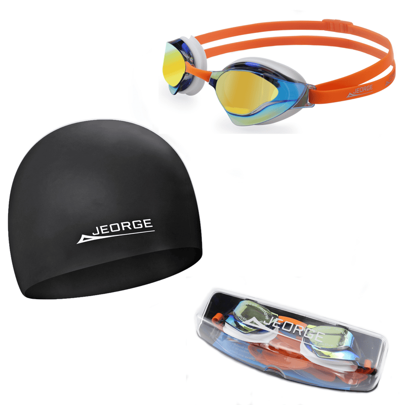 Load image into Gallery viewer, Jeorge Wide Vision Mirror Coating Lens Anti-Fog UV Protect Goggles + Swim Cap + Swim Bag Combo - JeorgeSports
