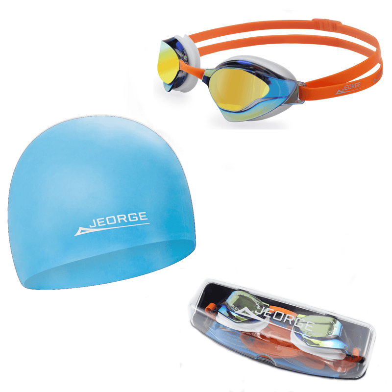 Load image into Gallery viewer, Jeorge Wide Vision Mirror Coating Lens Anti-Fog UV Protect Goggles + Swim Cap + Swim Bag Combo - JeorgeSports
